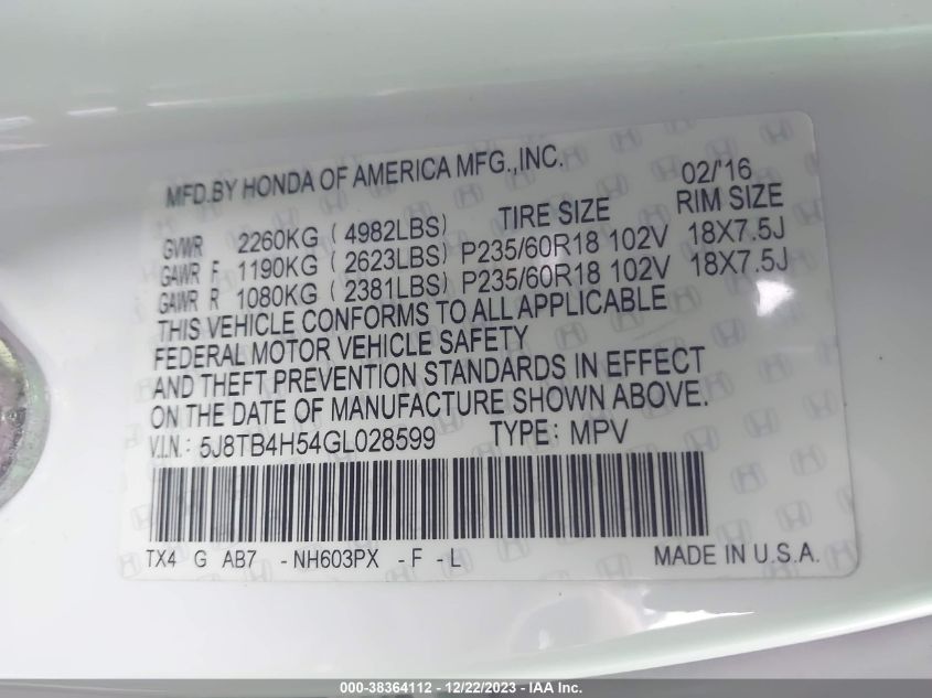 5J8TB4H54GL028599 2016 Acura Rdx Tech Pkg/Tech/Acurawatch Plus Pkg