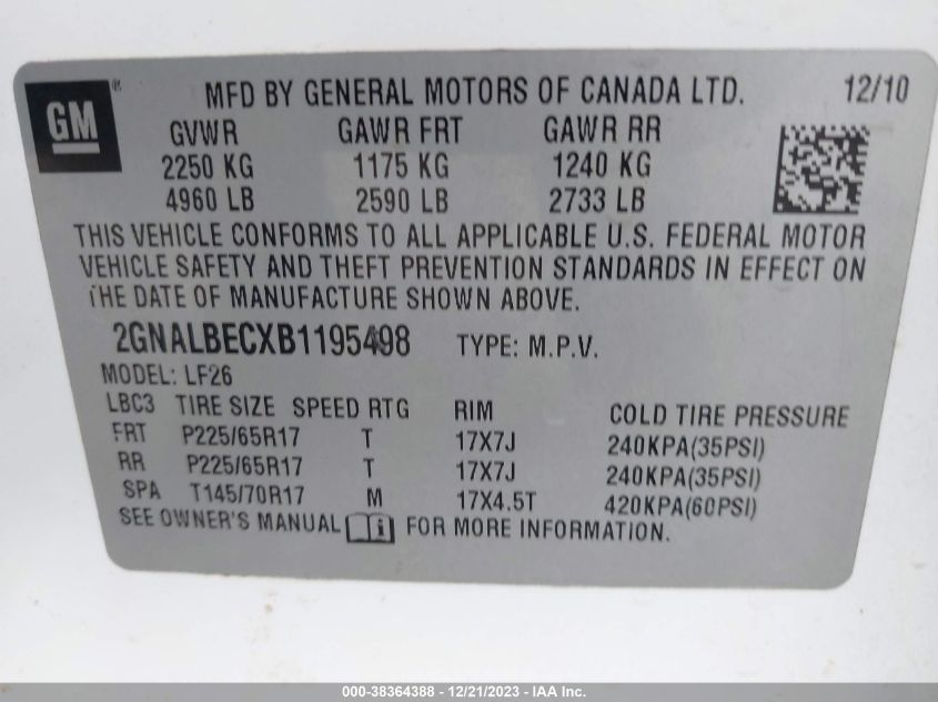 2011 Chevrolet Equinox Ls VIN: 2GNALBECXB1195498 Lot: 38364388