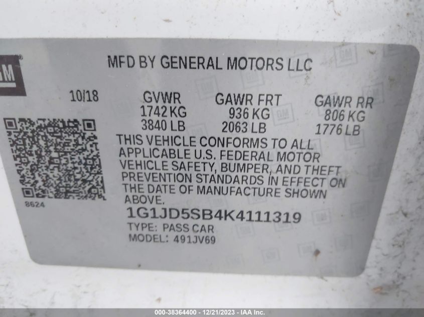 1G1JD5SB4K4111319 2019 Chevrolet Sonic Lt Auto