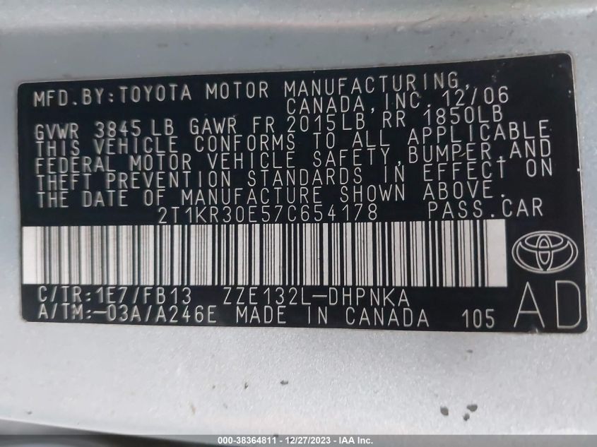 2T1KR30E57C654178 2007 Toyota Matrix Xr