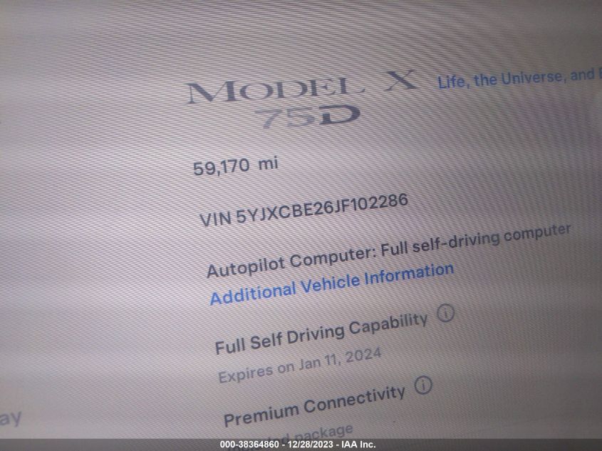 2018 Tesla Model X 100D/75D/P100D VIN: 5YJXCBE26JF102286 Lot: 38364860