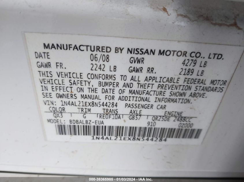 1N4AL21EX8N544284 2008 Nissan Altima 2.5 S