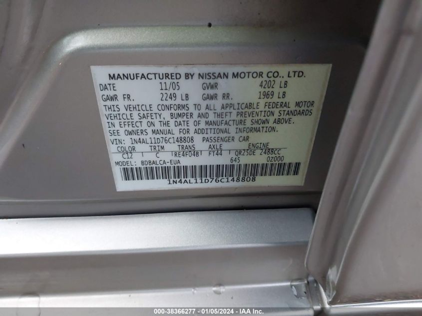 1N4AL11D76C148808 2006 Nissan Altima 2.5 S