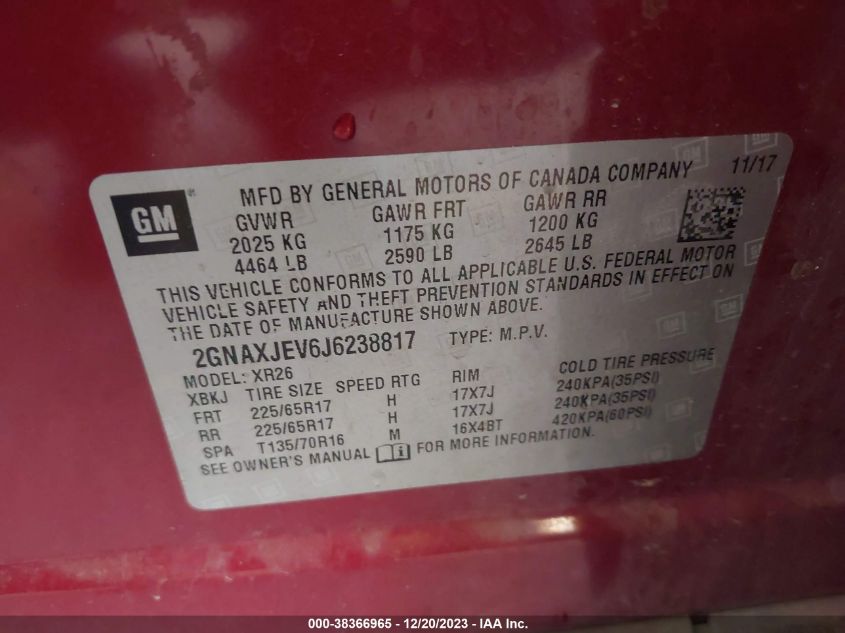 2018 Chevrolet Equinox Lt VIN: 2GNAXJEV6J6238817 Lot: 38366965