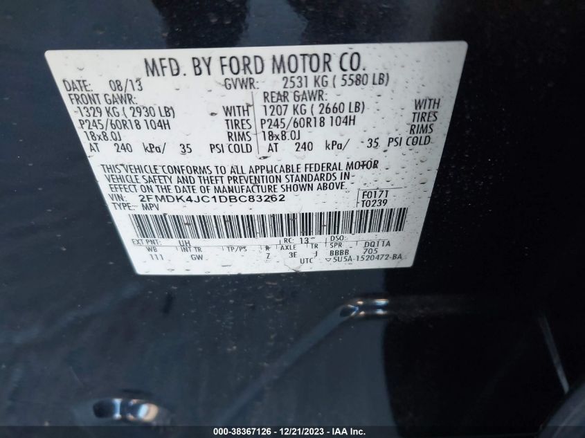 2FMDK4JC1DBC83262 2013 Ford Edge Sel