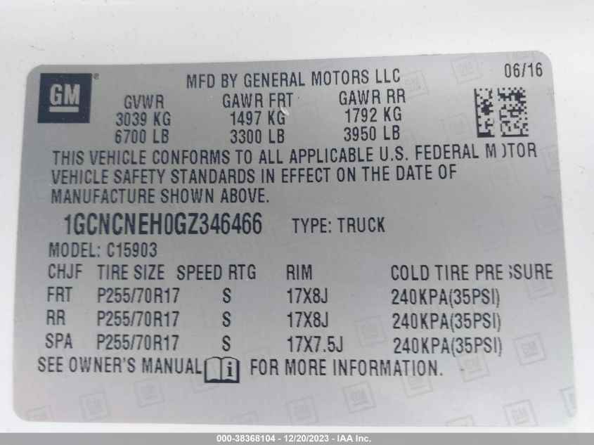 1GCNCNEH0GZ346466 2016 Chevrolet Silverado 1500 Wt