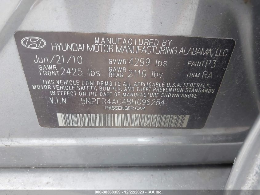 2011 Hyundai Sonata Gls VIN: 5NPEB4AC4BH096284 Lot: 38368359