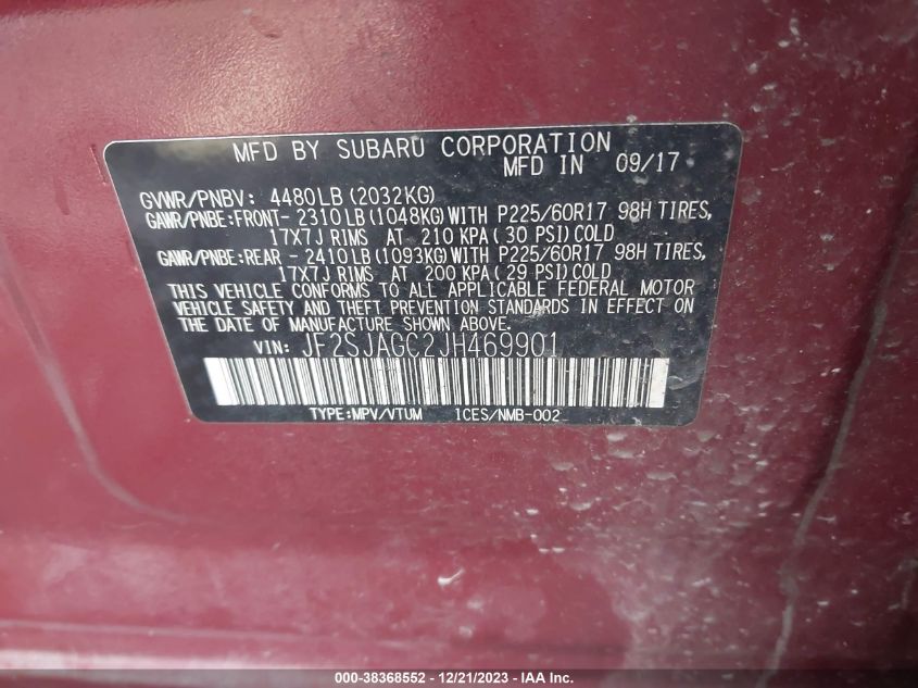 2018 Subaru Forester 2.5I Premium VIN: JF2SJAGC2JH469901 Lot: 38368552
