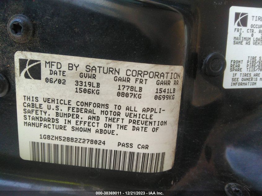 2002 Saturn Sl Sl1 (A4) VIN: 1G8ZH52882Z278024 Lot: 38369011