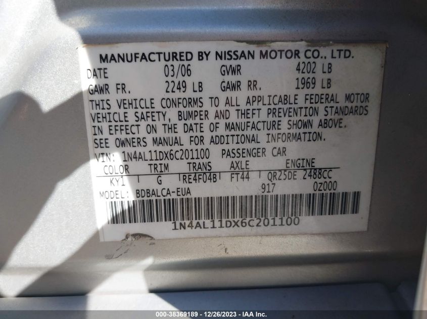 1N4AL11DX6C201100 2006 Nissan Altima 2.5 S