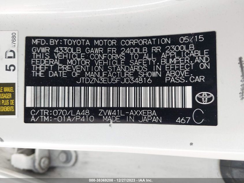 JTDZN3EU5FJ034816 2015 Toyota Prius V Four