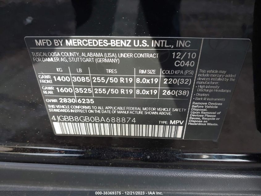 4JGBB8GB0BA688874 2011 Mercedes-Benz Ml 350 4Matic