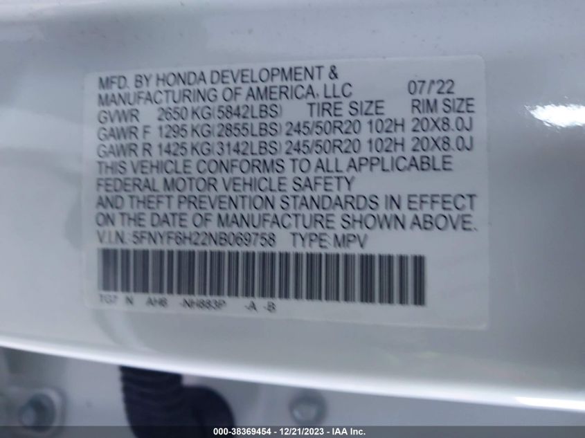 2022 Honda Pilot Awd Special Edition VIN: 5FNYF6H22NB069758 Lot: 38369454