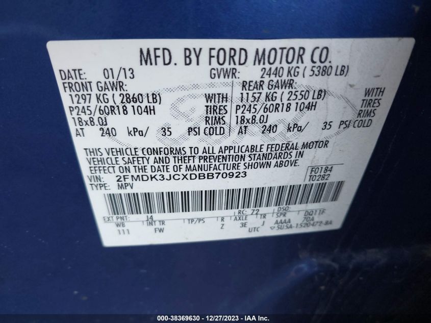 2FMDK3JCXDBB70923 2013 Ford Edge Sel