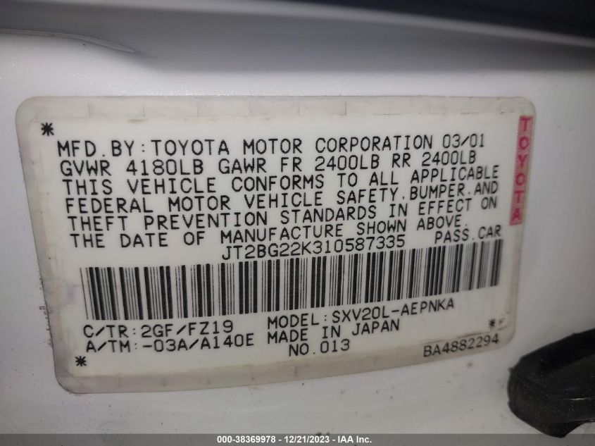 JT2BG22K310587335 2001 Toyota Camry Le