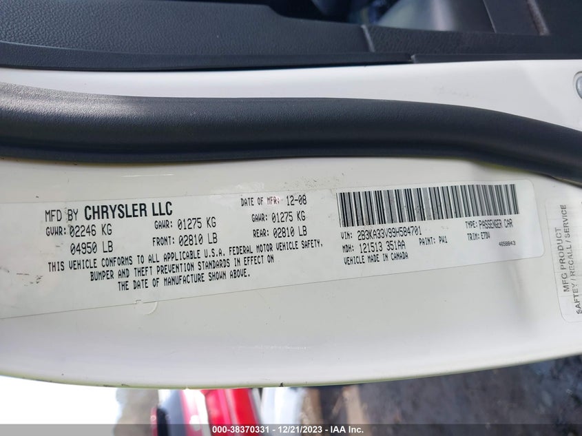 2009 Dodge Charger Sxt VIN: 2B3KA33V99H584701 Lot: 38370331