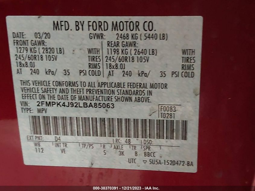 2FMPK4J92LBA85063 2020 Ford Edge Sel