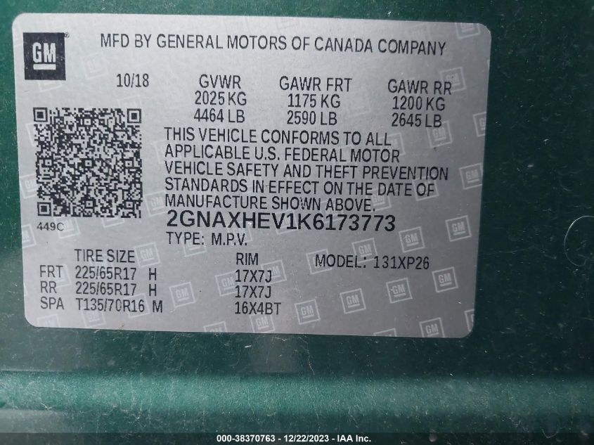 2GNAXHEV1K6173773 2019 Chevrolet Equinox Ls