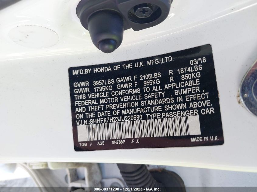 2018 Honda Civic Lx VIN: SHHFK7H23JU220690 Lot: 38371290