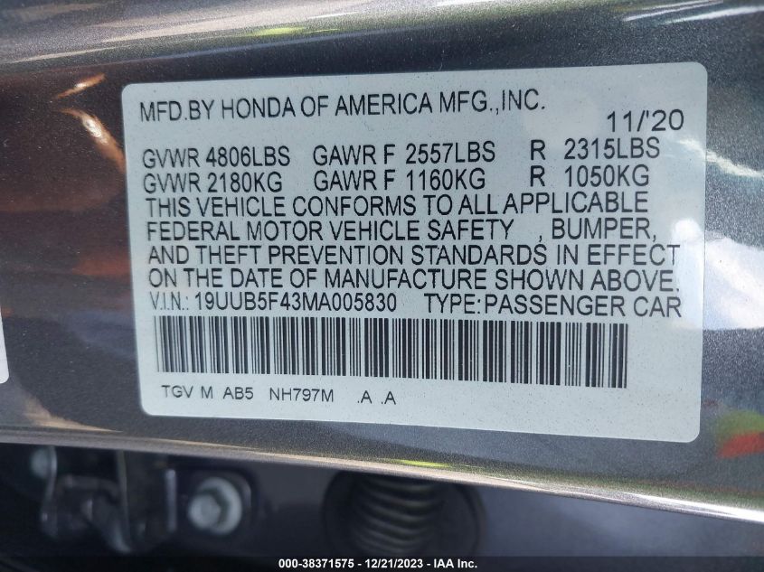 19UUB5F43MA005830 2021 Acura Tlx Technology Package