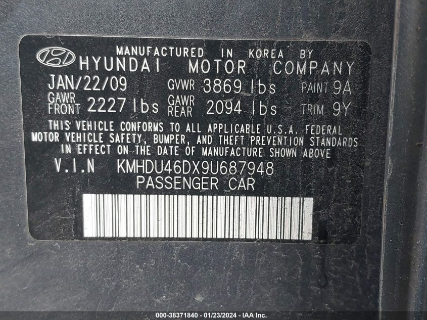 2009 Hyundai Elantra Gls VIN: KMHDU46DX9U687948 Lot: 38371840