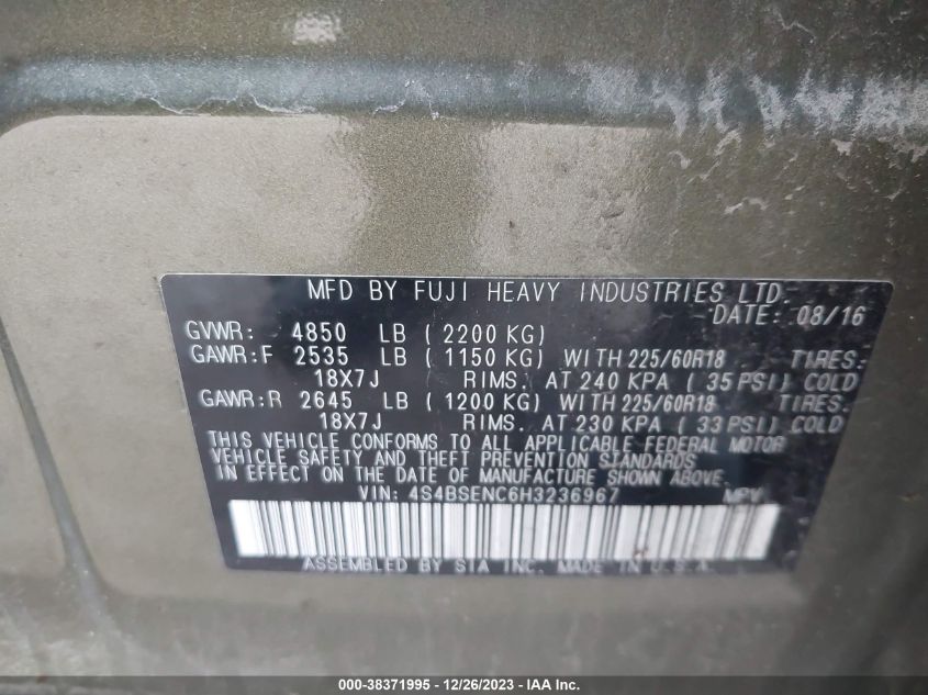 2017 Subaru Outback 3.6R Limited VIN: 4S4BSENC6H3236967 Lot: 38371995