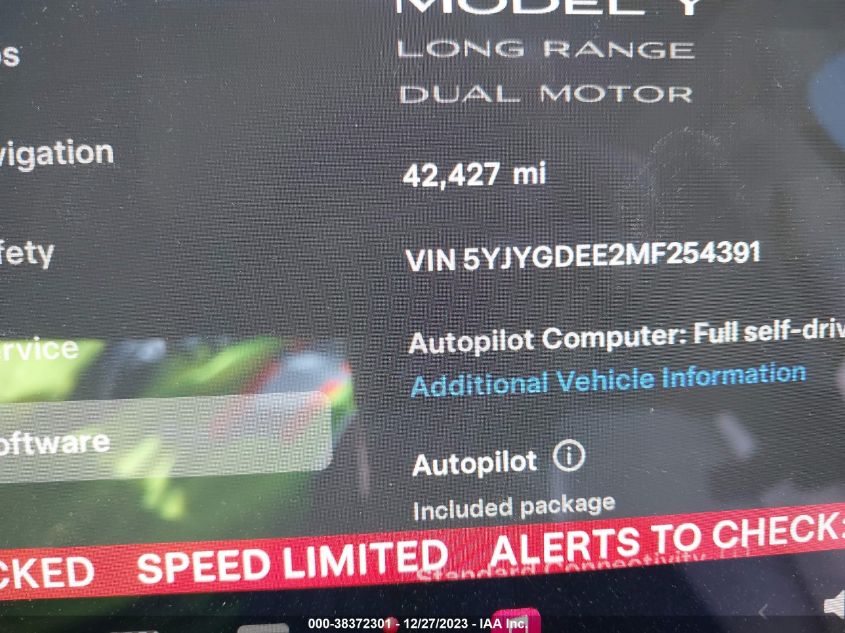 2021 Tesla Model Y Long Range Dual Motor All-Wheel Drive VIN: 5YJYGDEE2MF254391 Lot: 38372301