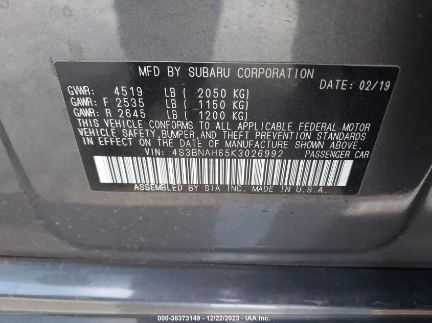 2019 Subaru Legacy 2.5I Premium VIN: 4S3BNAH65K3026992 Lot: 38373149