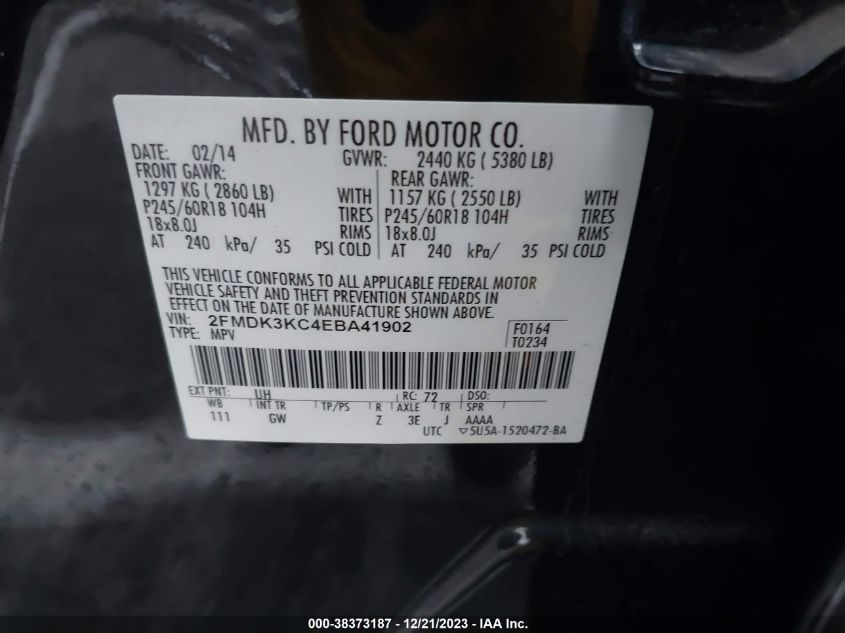 2014 Ford Edge Limited VIN: 2FMDK3KC4EBA41902 Lot: 38373187