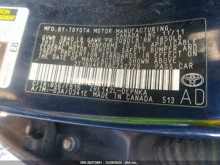 2T1BU4EEXBC742729 2011 Toyota Corolla Le