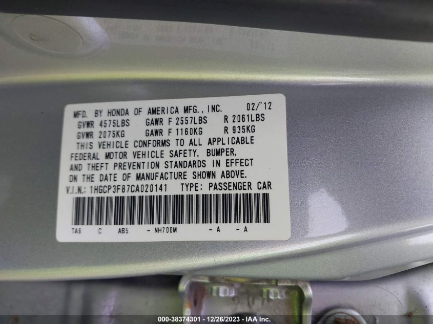 1HGCP3F87CA020141 2012 Honda Accord 3.5 Ex-L