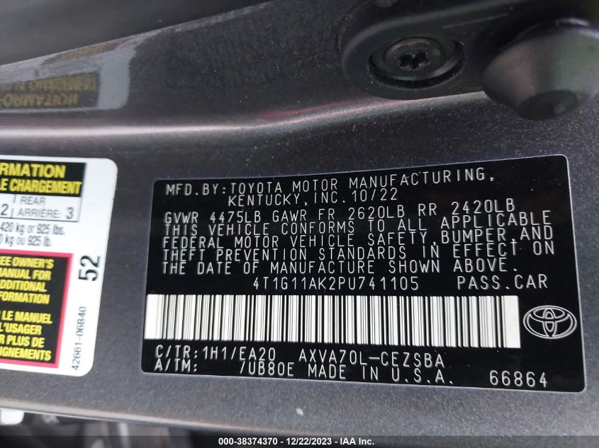 4T1G11AK2PU741105 2023 Toyota Camry Se