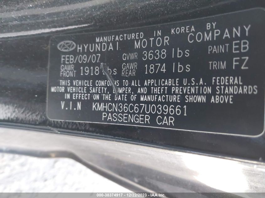 2007 Hyundai Accent Se VIN: KMHCN36C67U039661 Lot: 38374917