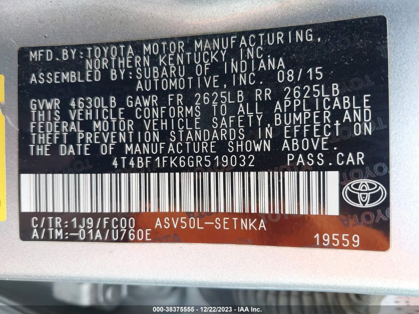 4T4BF1FK6GR519032 2016 Toyota Camry Le