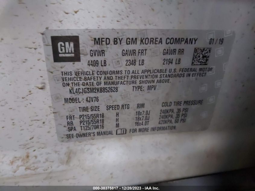 2019 Buick Encore Awd Essence VIN: KL4CJGSM2KB852628 Lot: 38375817