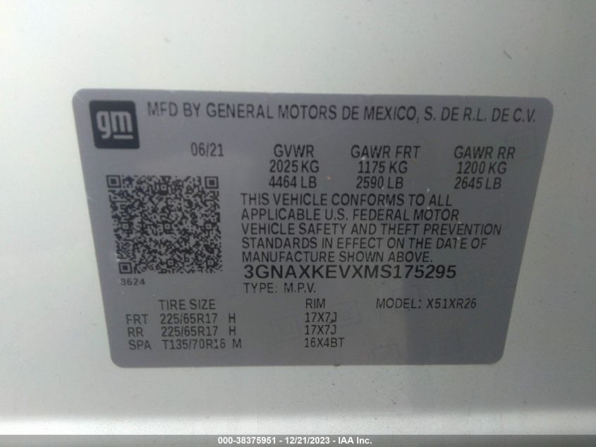 3GNAXKEVXMS175295 2021 Chevrolet Equinox Fwd Lt