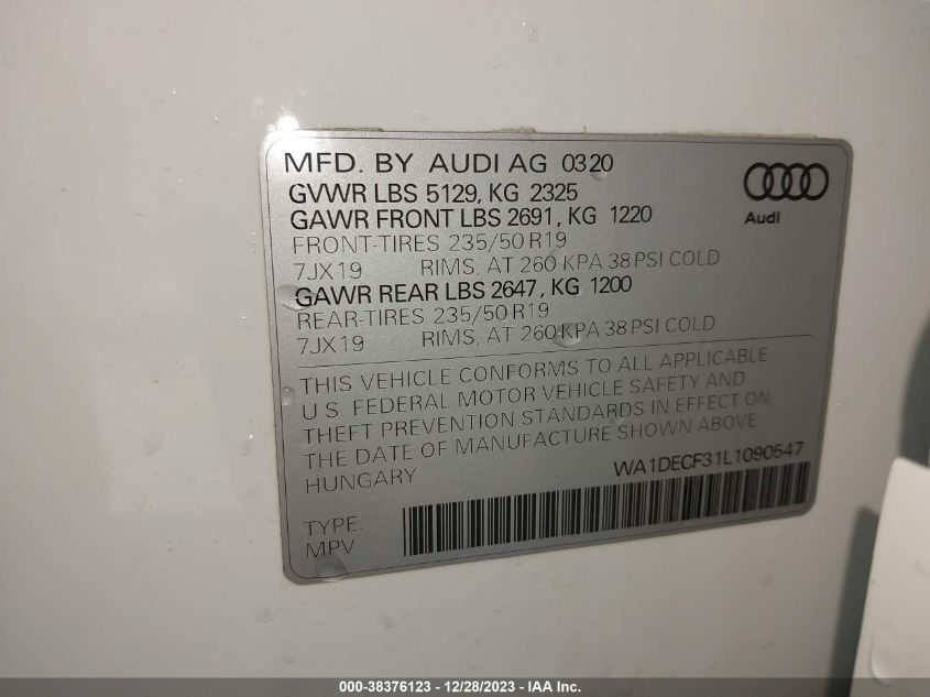 2020 Audi Q3 Premium 45 Tfsi S Line Quattro Tiptronic VIN: WA1DECF31L1090547 Lot: 38376123