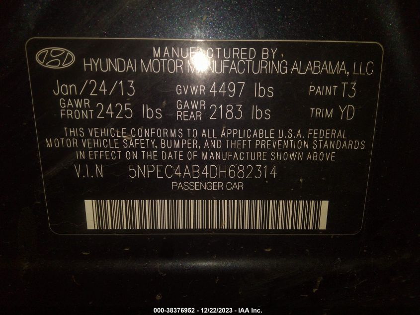 2013 Hyundai Sonata Limited 2.0T VIN: 5NPEC4AB4DH682314 Lot: 38376952