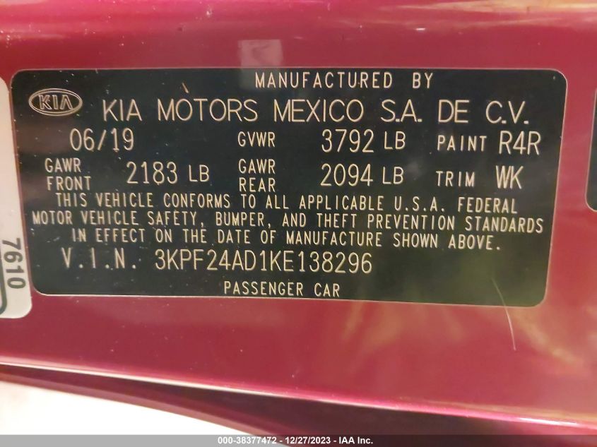 3KPF24AD1KE138296 2019 Kia Forte Lxs