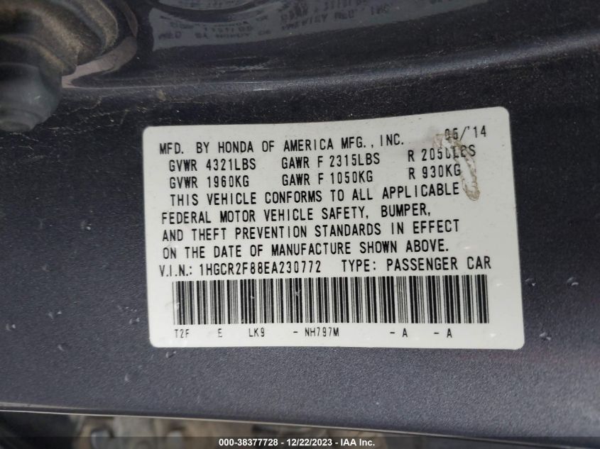 1HGCR2F88EA230772 2014 Honda Accord Ex-L