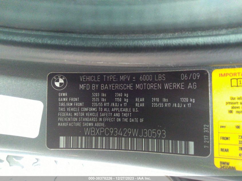 WBXPC93429WJ30593 2009 BMW X3 xDrive30I