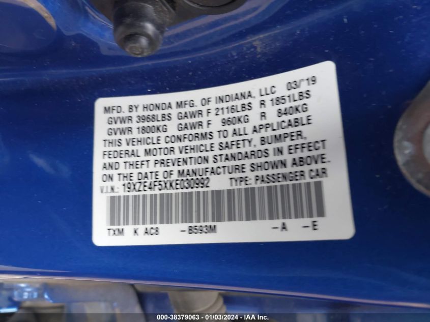 19XZE4F5XKE030992 2019 Honda Insight Ex