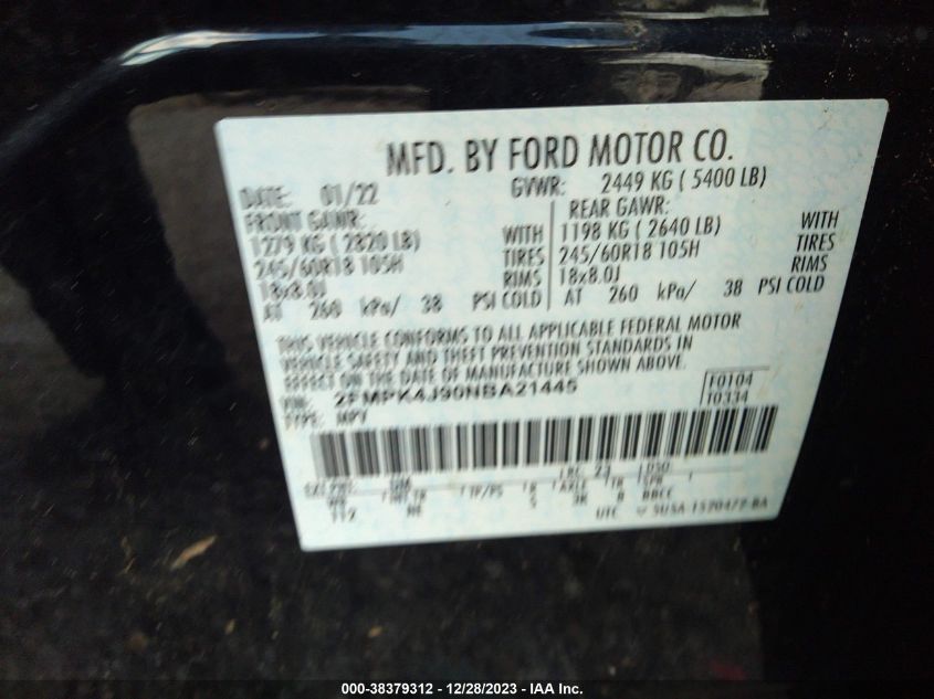 2022 Ford Edge Sel VIN: 2FMPK4J90NBA21445 Lot: 38379312