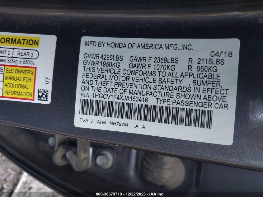 1HGCV1F4XJA153416 2018 Honda Accord Ex