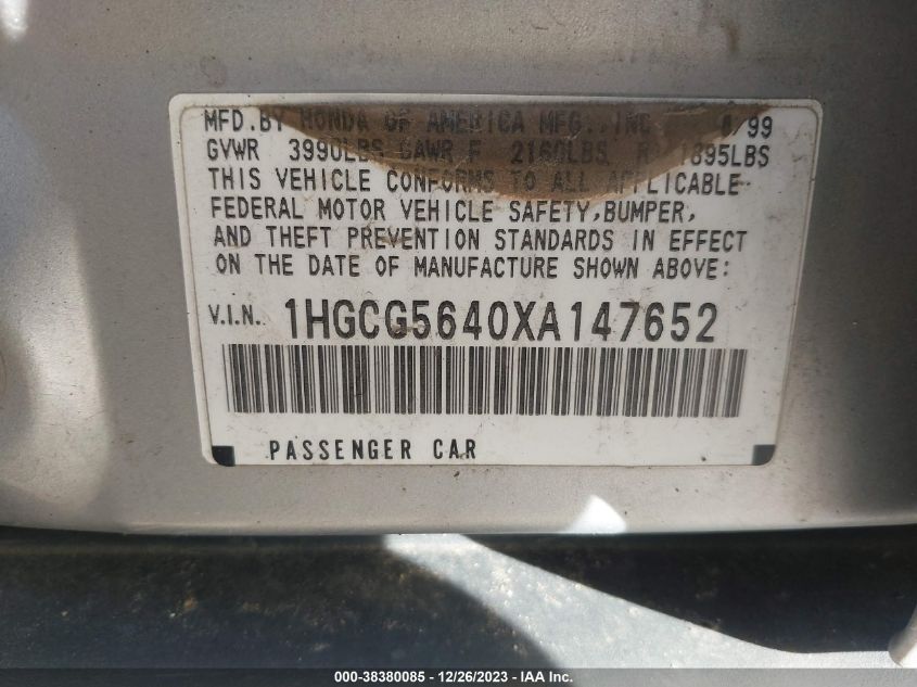 1HGCG5640XA147652 1999 Honda Accord Lx