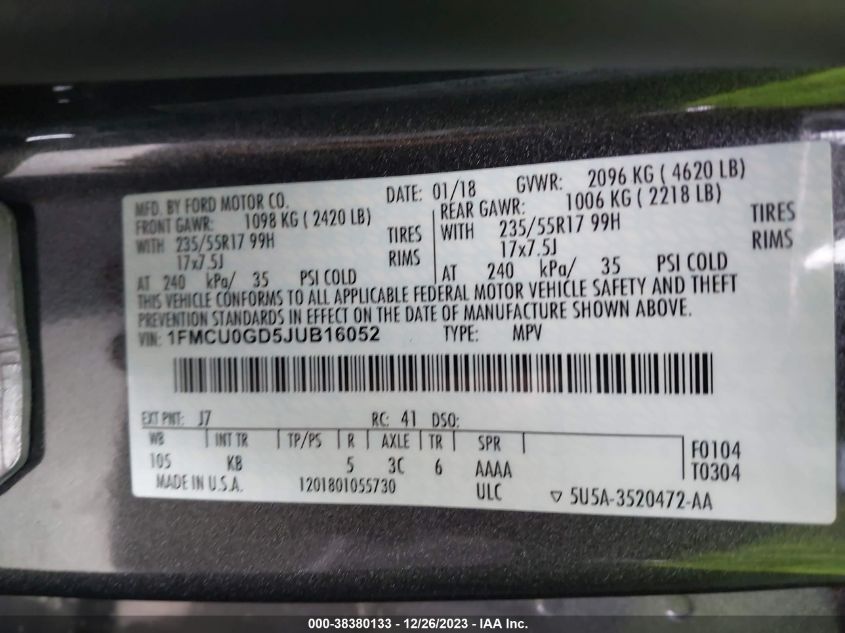 1FMCU0GD5JUB16052 2018 Ford Escape Se