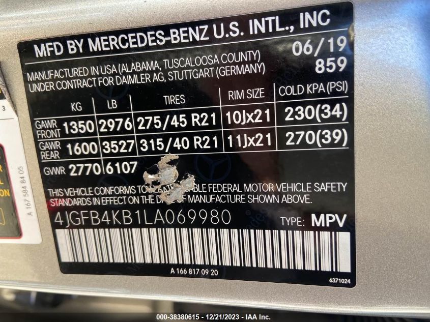 4JGFB4KB1LA069980 2020 Mercedes-Benz Gle 350 4Matic