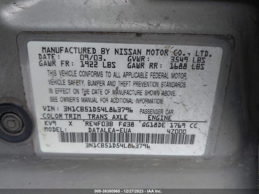 2004 Nissan Sentra 1.8S VIN: 3N1CB51D54L863796 Lot: 38380965