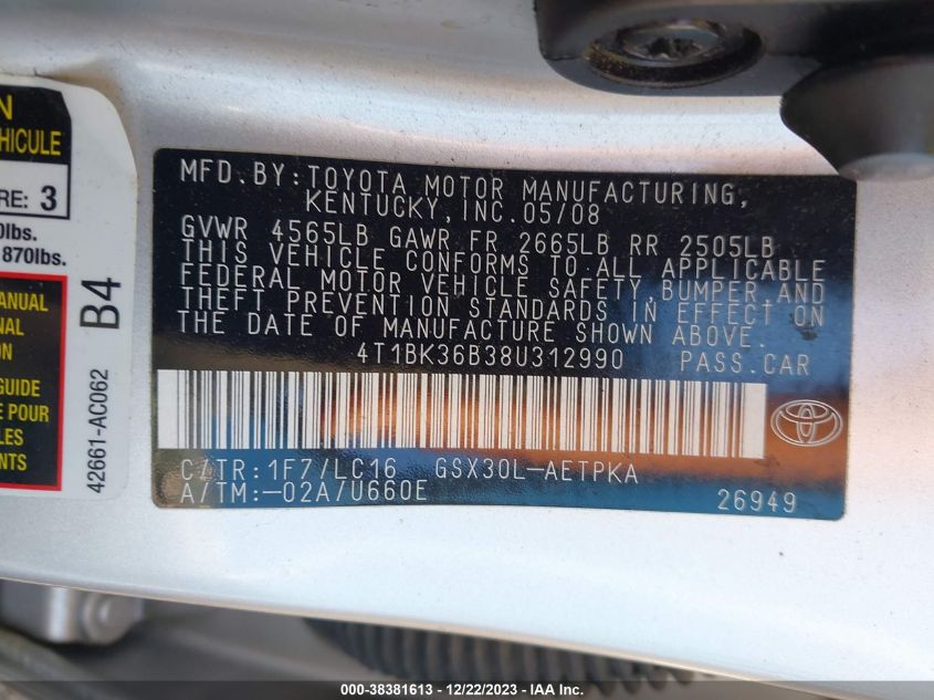 4T1BK36B38U312990 2008 Toyota Avalon Limited