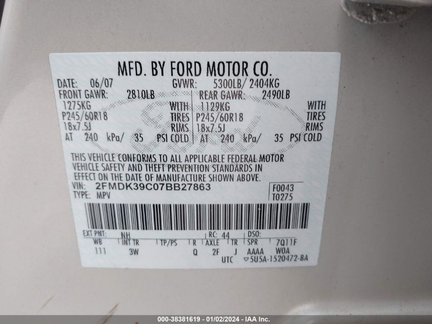 2FMDK39C07BB27863 2007 Ford Edge Sel Plus